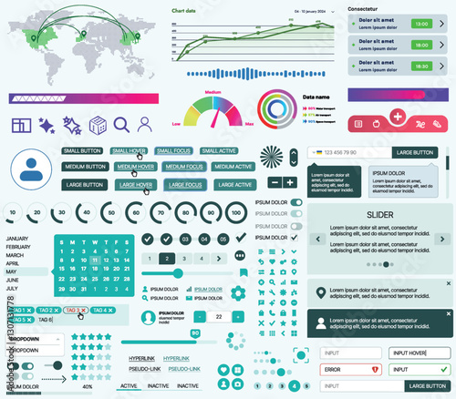 Set of UI/UX elements for websites and mobile applications: buttons, forms, menus, panels, icons, login, payment, rating. Modern design for convenient interaction and business planning