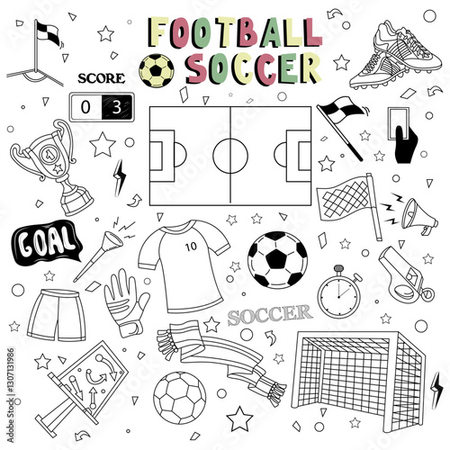 Hand drawn doodle Soccer set Vector illustration Sketchy sport traditional icons Cartoon typical football elements collection