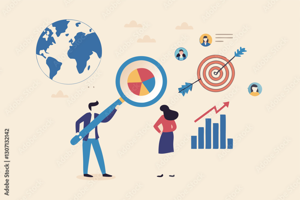 Customer research for marketing, study user behavior or analyze target group for advertising and marketing concept, businessman looking at big magnifier with customer group to see data analysis. Customer research for marketing, study user behavior or analyze target group for advertising and marketing concept, businessman looking at big magnifier with customer group to see data analysis.