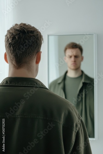 Struggling with self-doubt while reflecting on personal flaws in front of a mirror