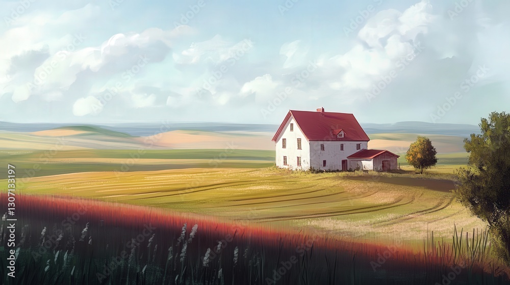 A peaceful rural setting featuring a farmhouse with rolling farmland in the background. The fields stretch far beyond the horizon A peaceful rural setting featuring a farmhouse with rolling farmland in the background. The fields stretch far beyond the horizon