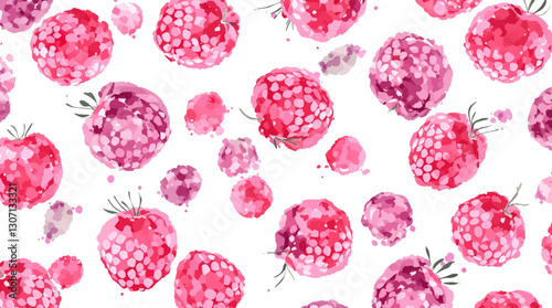 Elegant watercolor pattern featuring vibrant raspberries and delicate leaves on a clean white background.