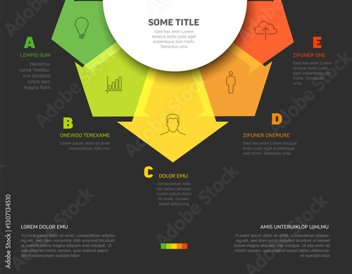 Colorful dark infographic features arrows pointing to icons and text areas, illustrating various sections. The design uses vibrant colors to visually separate the parts distinctly.