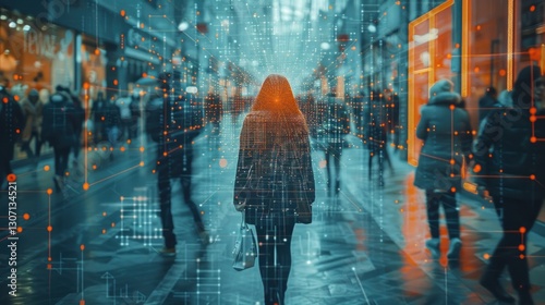 Futuristic cyber security system is tracking people walking in a shopping mall with facial recognition and big data analysis, highlighting potential threats and security.
