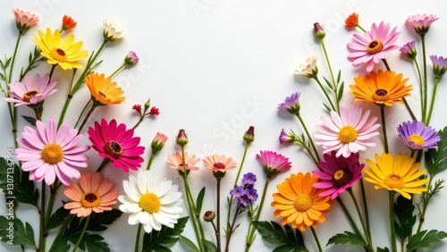 Vibrant array of colorful daisies and wildflowers arranged in a beautiful border, creating a captivating floral composition perfect for greeting cards or decorative purposes.