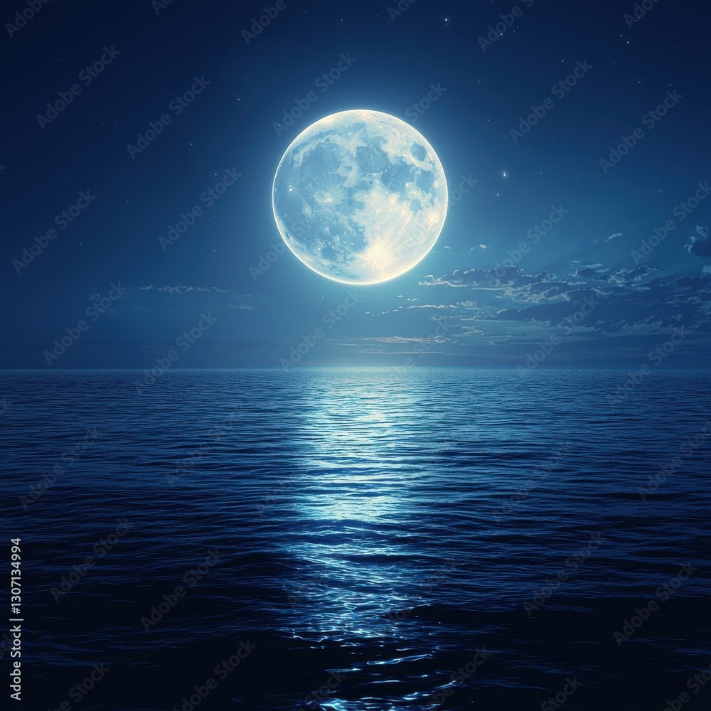 Full Moon Illuminating Ocean Waves Under Starry Night Sky Full Moon Illuminating Ocean Waves Under Starry Night Sky