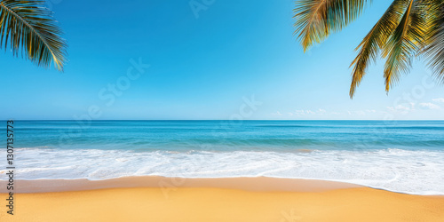 A serene beach scene featuring golden sand, clear blue waters, and palm trees under a bright sky, perfect for relaxation.