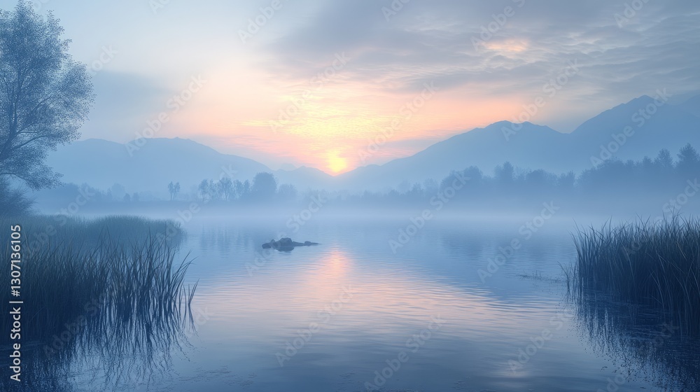 A serene lake at sunrise, soft mist hovering over the water, gentle reflections of the mountains in the background, peaceful and calming atmosphere, high definition. A serene lake at sunrise, soft mist hovering over the water, gentle reflections of the mountains in the background, peaceful and calming atmosphere, high definition.