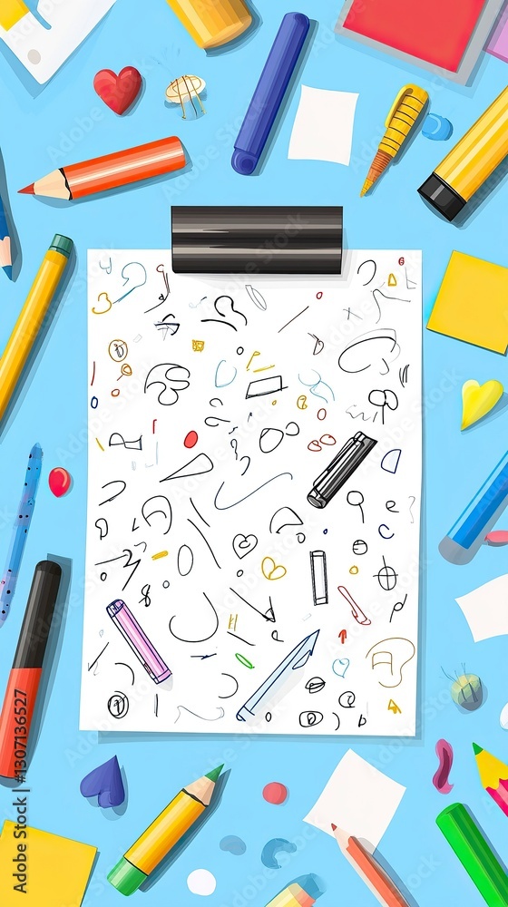 Flat Lay of Artistic Doodle Note Paper with Stationery, Note Paper Background Flat Lay of Artistic Doodle Note Paper with Stationery, Note Paper Background