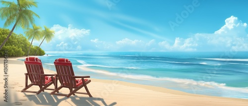 Tranquil Beach Scene with Two Red Striped Lounge Chairs Under Sunny Skies