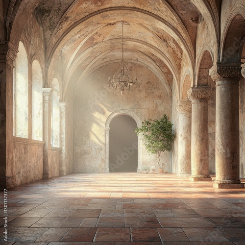 Serene Ancient Stone Interior with Arches and a Green Tree Under Soft Sunlight