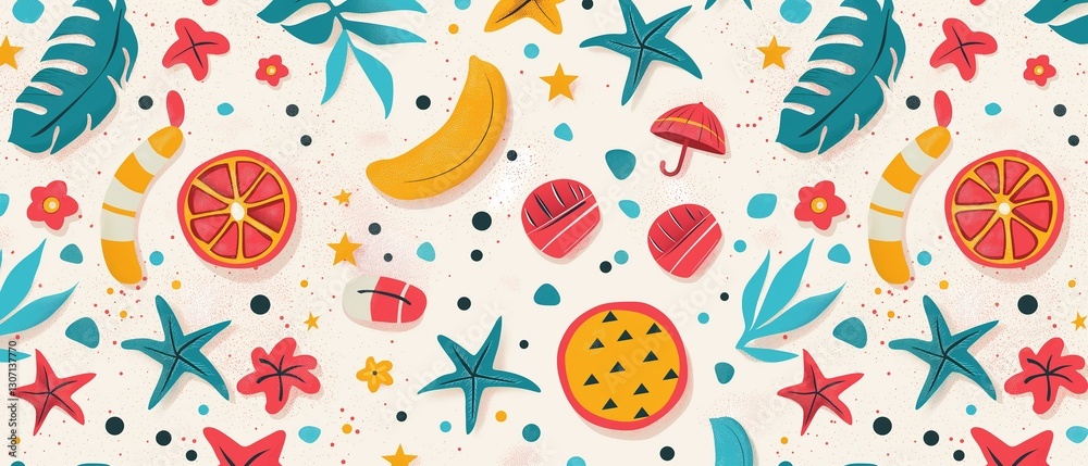 Vibrant Summer Beach Pattern with Tropical Fruits and Starfish Vibrant Summer Beach Pattern with Tropical Fruits and Starfish