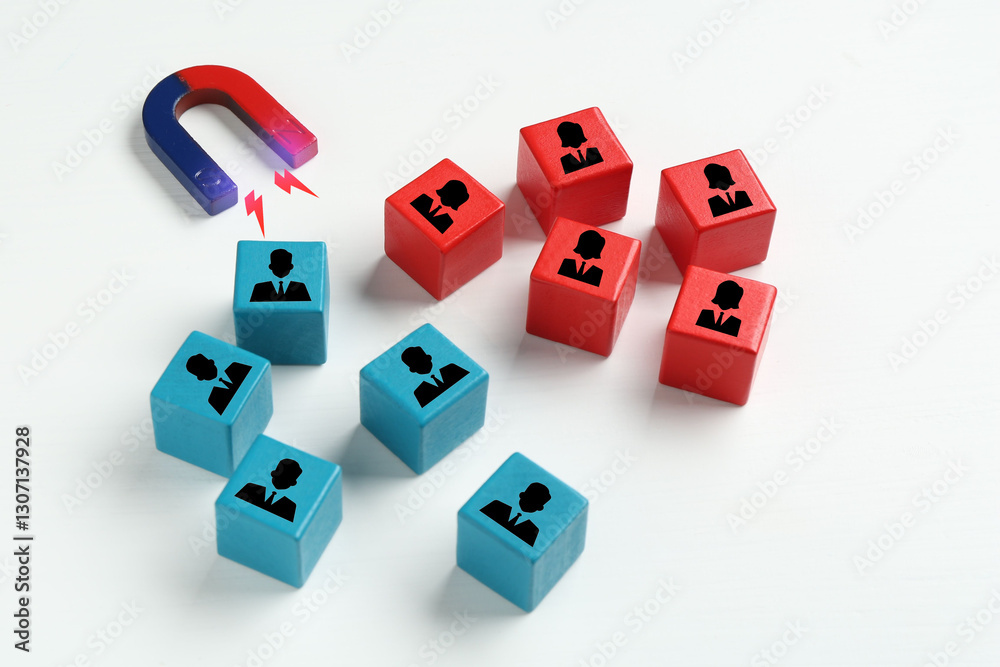 Magnet attracting wooden cubes with human figures on white background. Recruitment or customer acquisition Magnet attracting wooden cubes with human figures on white background. Recruitment or customer acquisition