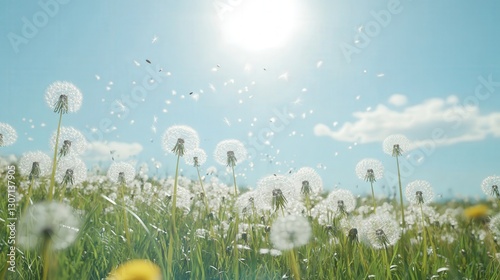 A picturesque dandelion field under the warmth of a summer sun, with delicate seeds blowing off the flowers into a clear blue sky