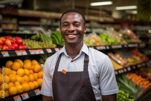 Young happy African sales male supermarket attendant adult list entrepreneur.