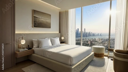 Luxurious hotel room with modern decor, featuring comfortable bed and large windows that offer stunning city views and abundant sunlight for serene atmosphere.