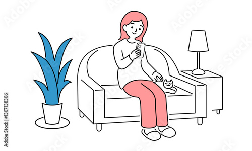Woman sitting on sofa and using smartphone
