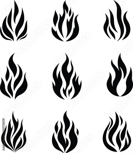 Stylized Fire Flame Clipart Icons Set. Burning Flames Symbol Black Silhouette Vector Pack. Sharp and Bold Flame Isolated on White Background.