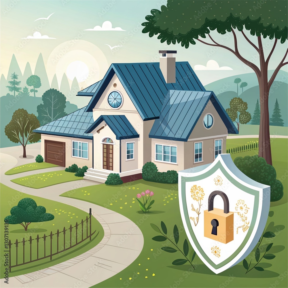 Naklejka premium Charming Home with Secure Insurance Symbol and Green Surroundings for Peace of Mind Living