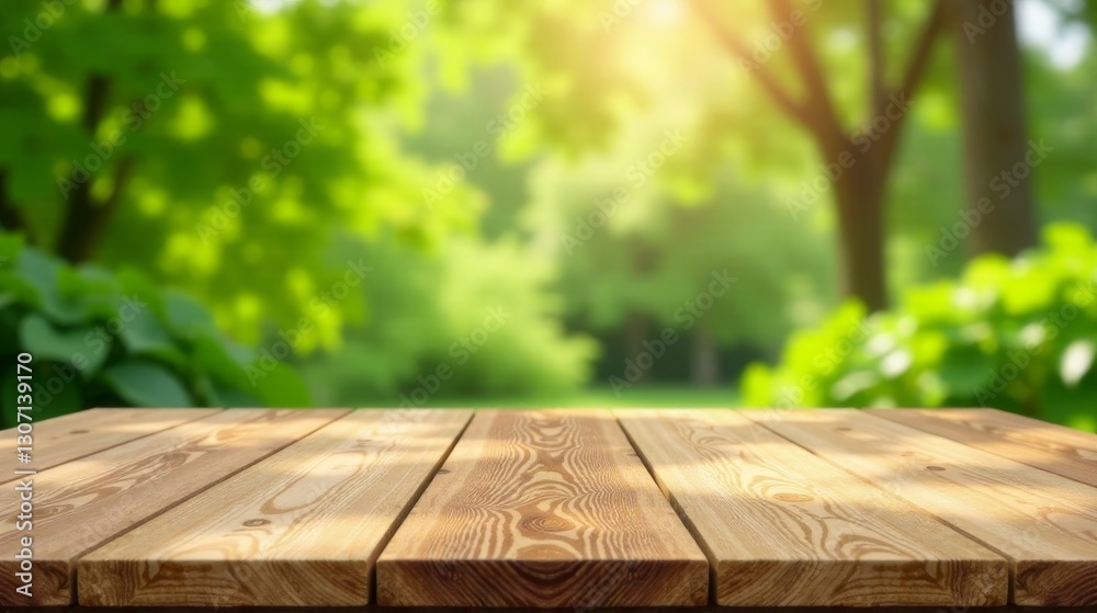 Sunlit Wooden Tabletop Against a Blurred Green Park Background, Ideal for Product Placement or Summer Display Sunlit Wooden Tabletop Against a Blurred Green Park Background, Ideal for Product Placement or Summer Display