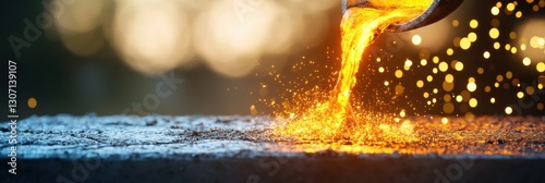 industrial metal casting, a futuristic, high-tech background with glowing molten metal pouring into a mold free copy space on the left, intense metal casting on the right