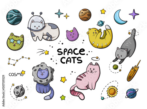The sticker set of playful kittens among whimsical planets and sparkling stars on a soft white background, blending cosmic adventure with feline charm