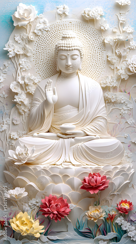 Obraz premium A serene white Buddha statue delicately crafted from paper, surrounded by vibrant paper flowers.