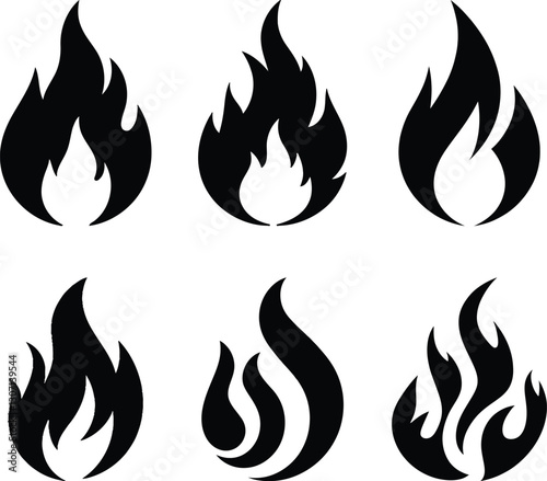 Stylized Fire Flame Clipart Icons Set. Burning Flames Symbol Black Silhouette Vector Pack. Sharp and Bold Flame Isolated on White Background.