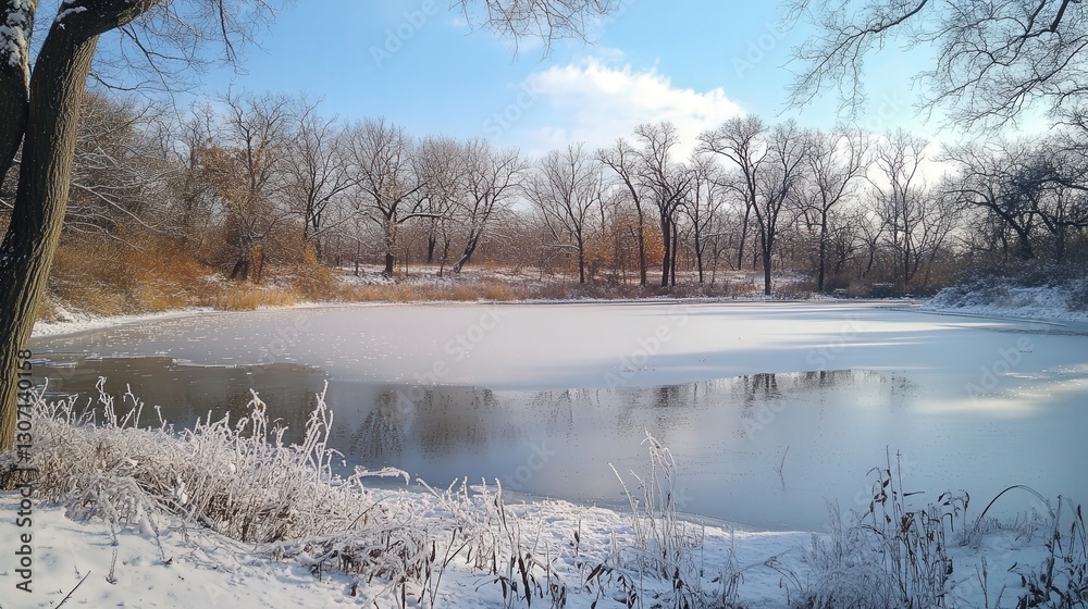 A pristine winter landscape with a still, frozen lake and surrounding snow-covered trees, embodying the tranquility and stillness of the season. A pristine winter landscape with a still, frozen lake and surrounding snow-covered trees, embodying the tranquility and stillness of the season.