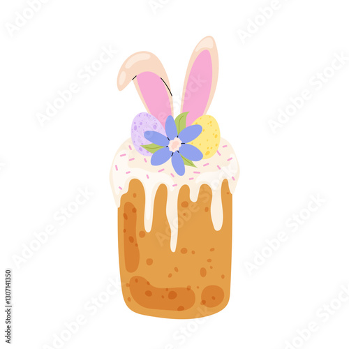 Easter cake. Holiday pastry with cream decorated bunny ears, Easter eggs and flower. Easter bunny. Christian spring holiday.