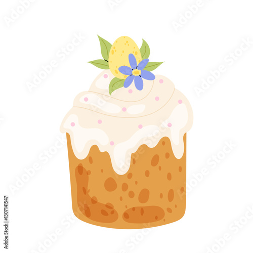 Holiday pastry with cream decorated eggs and spring flowers. Christian spring holiday. Easter cake. 