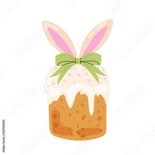 Easter cake. Holiday pastry with cream decorated bow and bunny ears. Easter bunny. Flat illustration on white background.