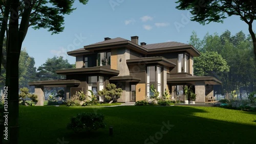 4K video rendering of modern two story house with gray and wood accents, large windows for sale or rent in luxurious style. Clear sunny summer day with blue sky.