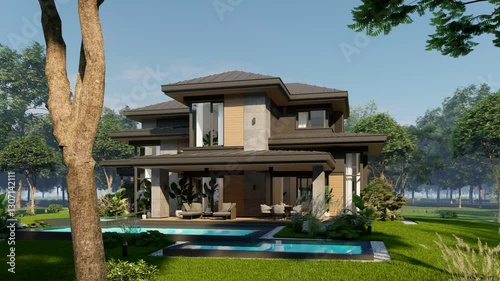 4K video rendering of modern two story house with gray and wood accents, large windows for sale or rent in luxurious style. Clear sunny summer day with blue sky.