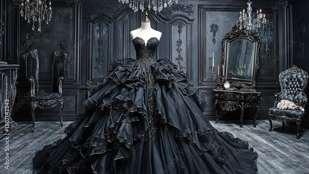 Gothic Glamor: A Black Ball Gown in a Darkly Elegant Setting