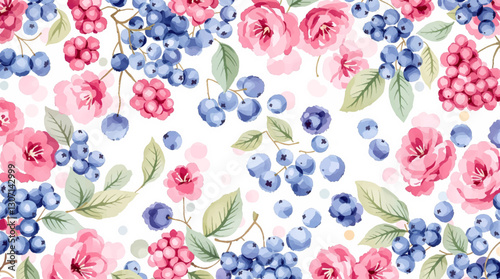 Elegant watercolor pattern featuring vibrant raspberries and delicate leaves on a clean white background.
