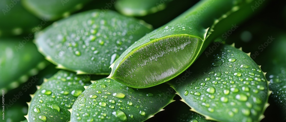 Obraz premium Fresh Aloe Vera Plant with Dew Drops - Close Up Macro Photography