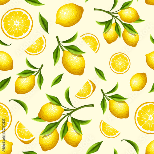 Seamless pattern with yellow lemon fruit and lemon branches. Vector fruit print