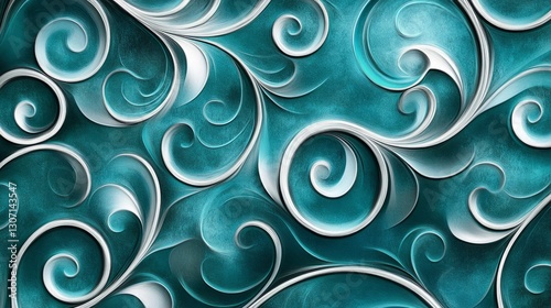 Cool teal and silver swirls, minimalistic and sleek with soft glossy transitions