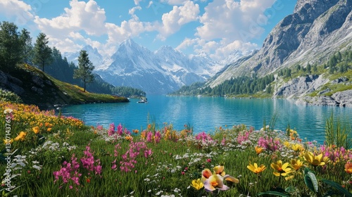 A vibrant blue alpine lake surrounded by green meadows, colorful wildflowers in full bloom, peaceful and idyllic, ultra-detailed, 4K.