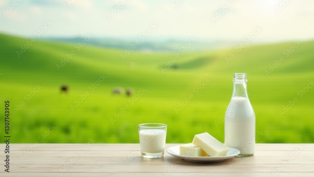 A Refreshing Glass of Milk, Creamy Butter Cubes, and a Bottle of Milk Against a Pastoral Landscape A Refreshing Glass of Milk, Creamy Butter Cubes, and a Bottle of Milk Against a Pastoral Landscape