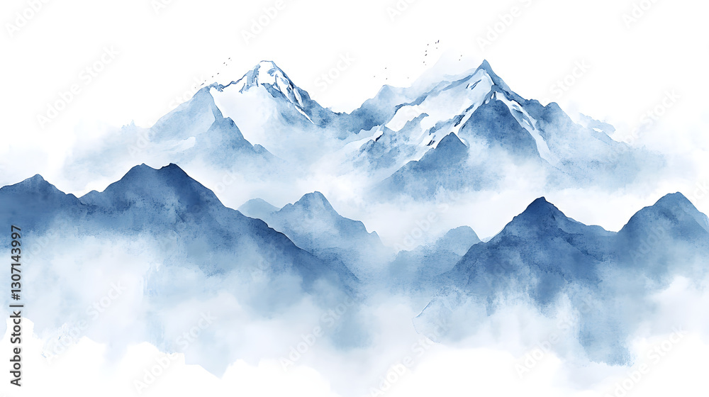Fototapeta premium Watercolor, simple, clipart, dark blue snow-capped mountains with fog 