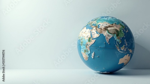 A Detailed Miniature Globe Resting on a Pale Surface, Displaying a Comprehensive World Map with Embossed Terrain Features
