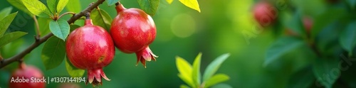 Pomegranate tree with leaves and flowers blooming, greenery, foliage, flowers