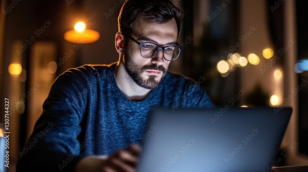 Focused Young Man Working Late at Night on Laptop Computer Focused Young Man Working Late at Night on Laptop Computer