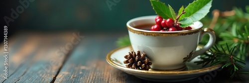 Pine cone filled tea cup with evergreen and holly leaves, festive, cone, tea photo