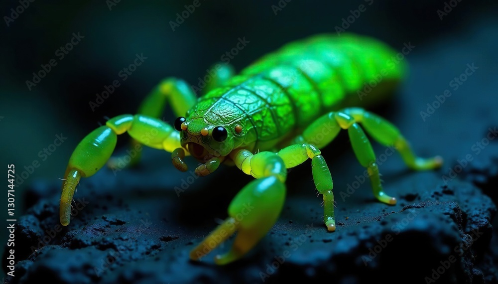 Buthus occitanus under UV light glowing bright green, insect glow, scorpion glow, arachnid Buthus occitanus under UV light glowing bright green, insect glow, scorpion glow, arachnid