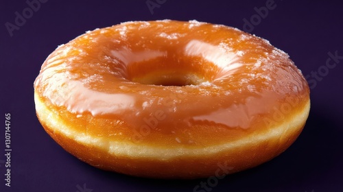 A single glazed donut on a solid dark purple background, emphasizing its shiny, smooth texture and inviting look.