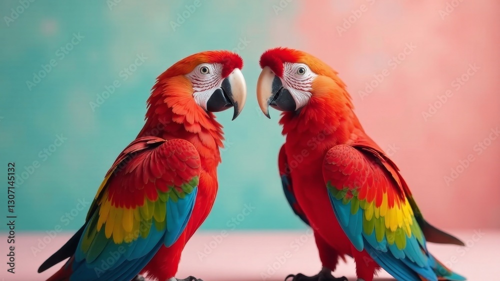 Vibrant Scarlet Macaws Face Each Other Against a Pastel Background, Displaying Their Vivid Plumage and Intricate Feather Details Vibrant Scarlet Macaws Face Each Other Against a Pastel Background, Displaying Their Vivid Plumage and Intricate Feather Details