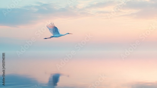 Crane flying low over glassy water, soft pastel light, pale blue and pink hues, and calm reflective mood, wide-angle shot. photo